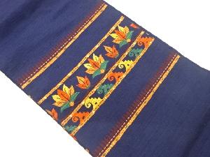 手織り紬縞に草花模様織出し名古屋帯